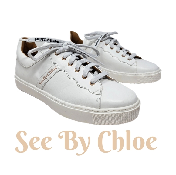 See By Chloe Womens White Leather Sneakers Size 42=12 Lace Up Casual Comfort - Picture 1 of 15